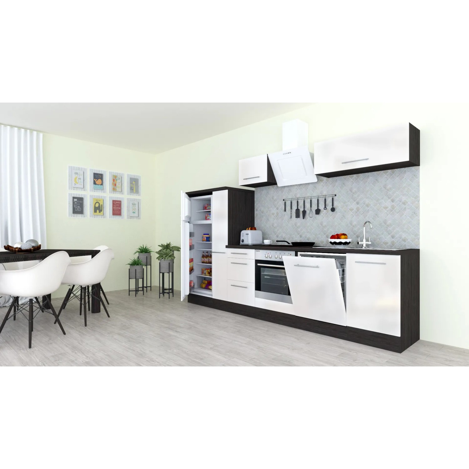 Respekta Premium Küchenzeile 310 cm in Weiß Hochglanz und Eiche Grau mit E-Geräten.