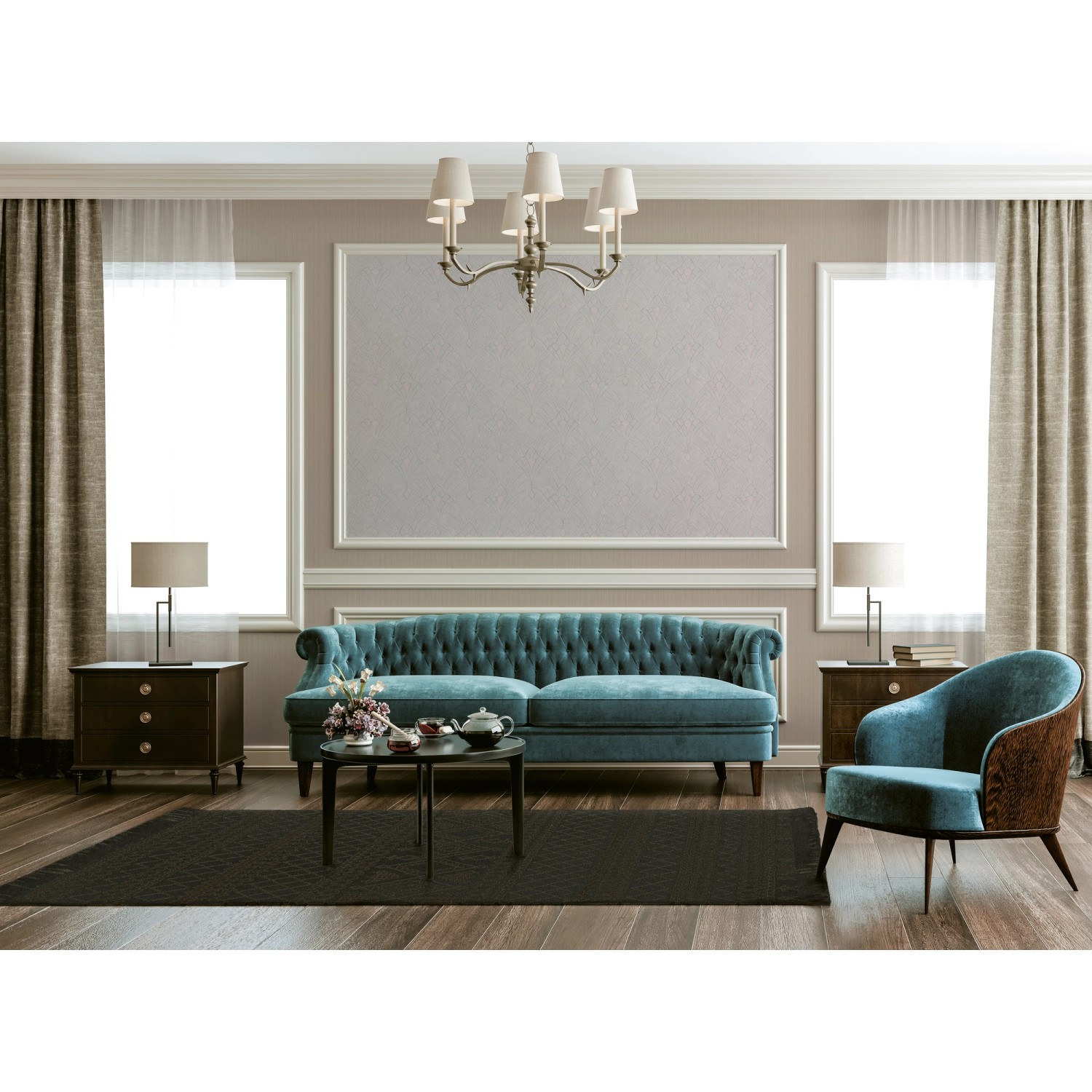 Wohnzimmer mit orientalisch gemusterter Vliestapete in Creme und Rosa.