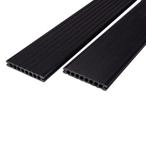 Rettenmeier WPC Terrassendielen in Ebenholz Anthrazit, geriffelte Oberfläche.