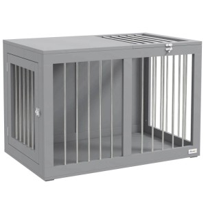 Moderner grauer PawHut Hundekäfig aus MDF und Stahl für mittelgroße Hunde. Mit seitlicher und oberer Tür.