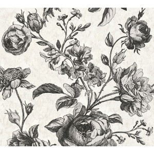 Schwarz-perlmuster Vliestapete mit floralem Rosenmuster, leicht strukturiert und glänzend.