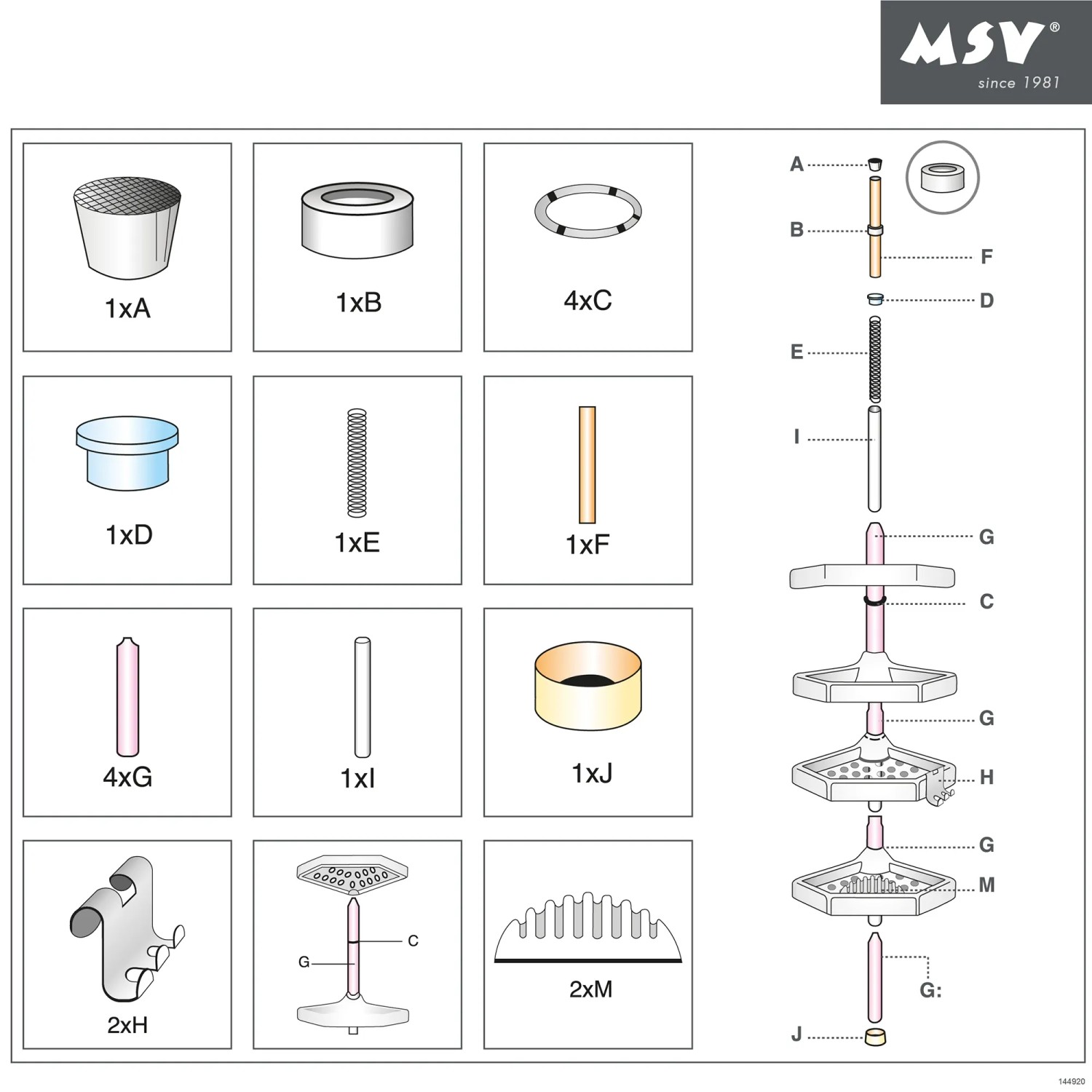 Einzelteile des MSV Eck-Duschregals mit 4 Ablagen, höhenverstellbar, dargestellt.