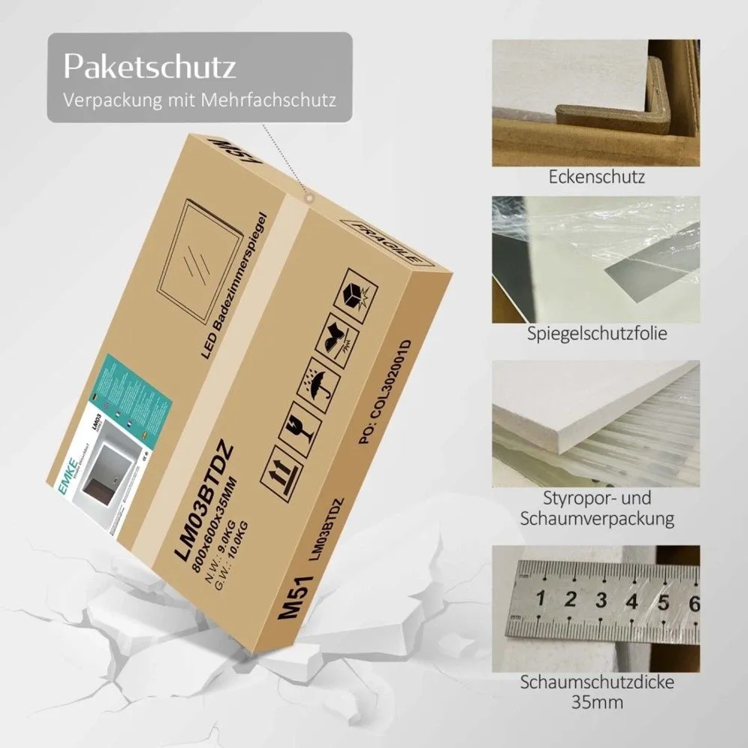 Emke LED-Badspiegel: Mehrfachschutz-Verpackung mit Eckenschutz, Spiegelschutzfolie und Schaumstoff.