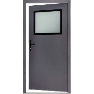 Anthrazitfarbene Stahl-Nebeneingangstür mit Fenster, nach innen öffnend, Anschlag links.