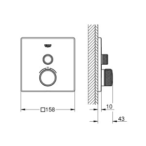Grohe Grohtherm SmartControl Thermostat, eckig, Chrom, mit Absperrventil und Maßangaben.