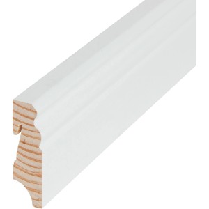 Weiße Massivholz Sockelleiste, 58x18x2400 mm, für harmonischen Bodenabschluss.