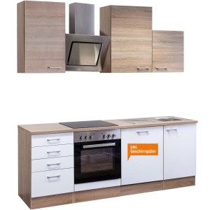 Flex-Well Küchenzeile Florida 220 cm in Sonoma Eiche-Weiß mit E-Geräten und Spüle.