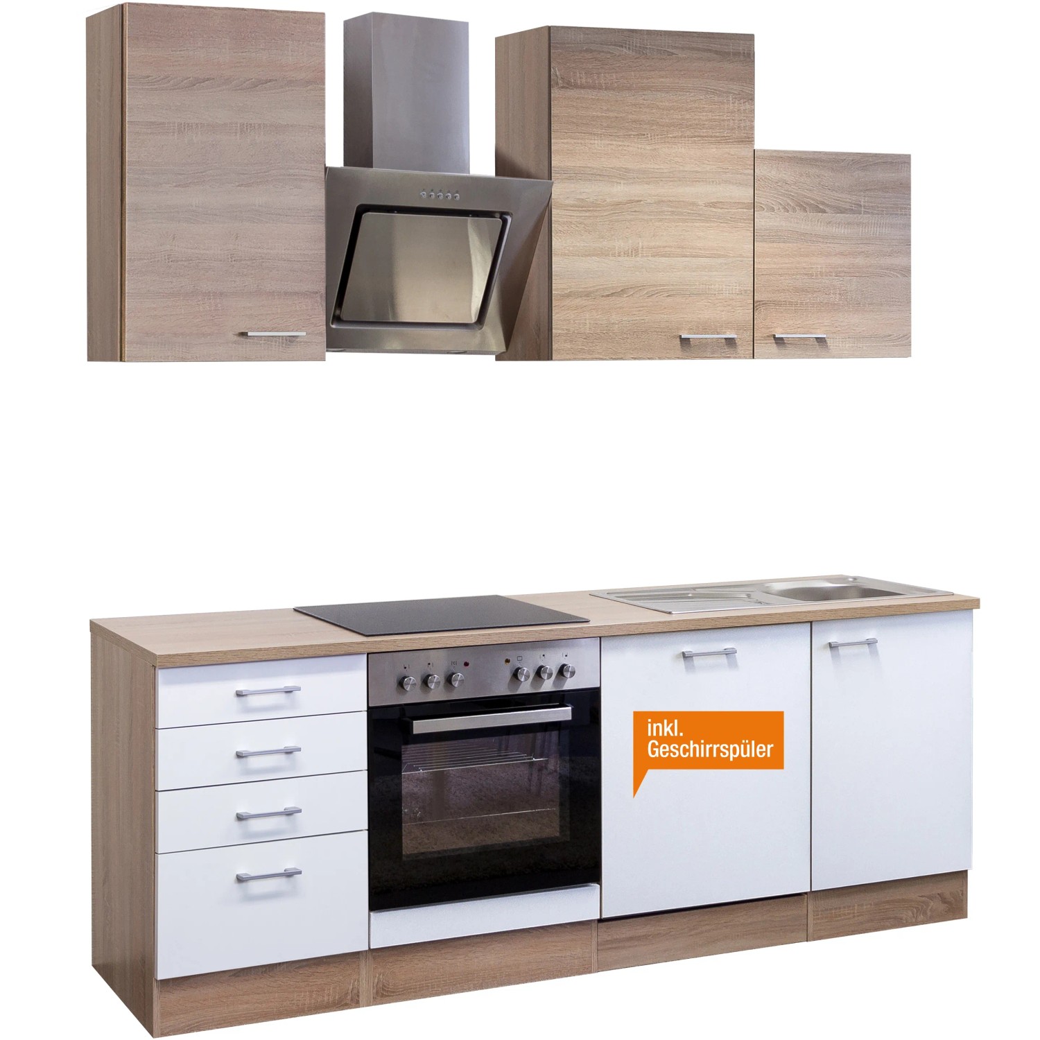 Flex-Well Küchenzeile Florida 220 cm in Sonoma Eiche-Weiß mit E-Geräten und Spüle.