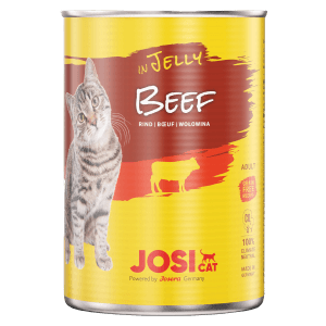 JosiCat Katzen-Nassfutter Beef in Jelly, 400g Dose mit Katzenmotiv und Rindfleisch im Gelee.