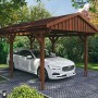 Skan Holz Carport Fichtelberg, Nussbaum, mit roten Schindeln und weißem Auto.