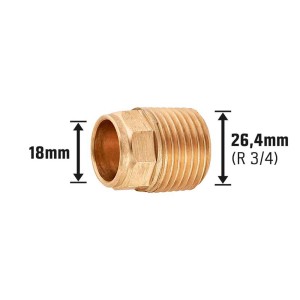Löt-Übergangsnippel aus Rotguss, 18 mm x 26,4 mm (R 3/4), für Kupferrohre.