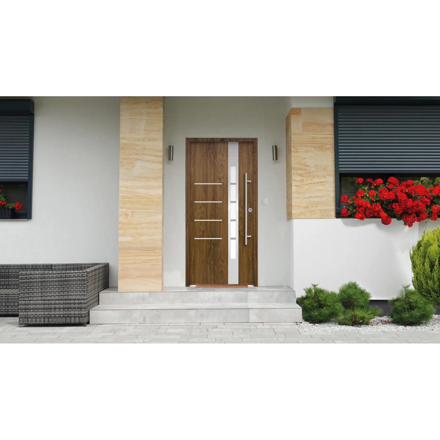 Moderne Splendoor Sicherheits-Haustür Berlin Prime RC2 in Nussbaum mit Edelstahlapplikationen.
