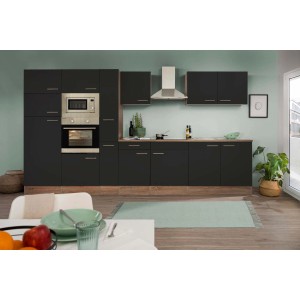 Respekta Küchenzeile 360 cm in Schwarz Seidenglanz und Eiche York Dekor, ohne E-Geräte.