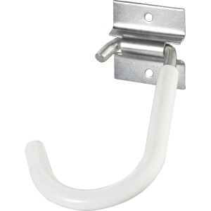 Verzinkter Fahrradhaken zur Wandmontage, mit weißer Ummantelung.