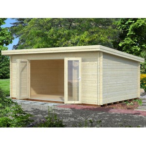 Hellbraunes Palmako Lea Holz-Gartenhaus mit Pultdach und geöffneter Doppeltür.