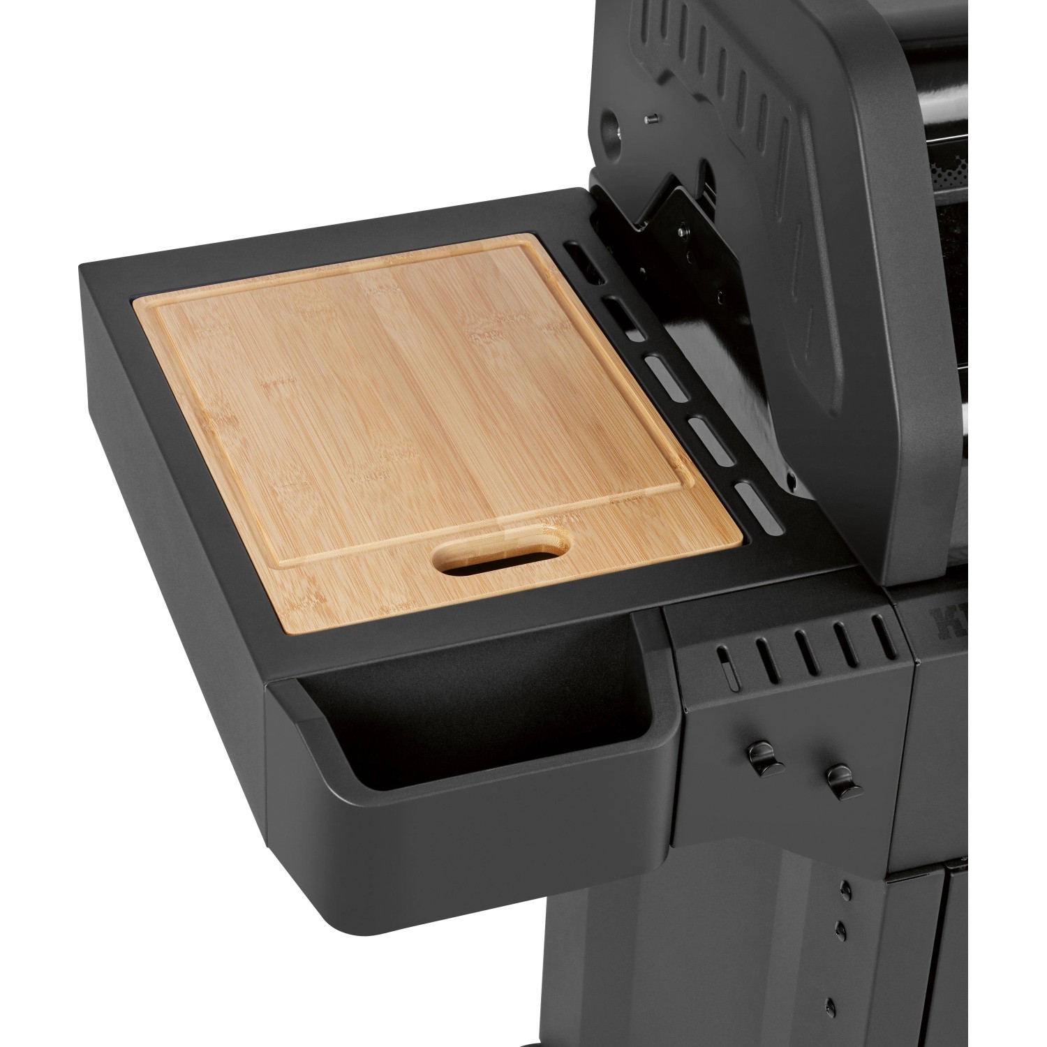 Detailansicht: Jamestown Gasgrill KNOX Master Class mit Schneidebrett am Seitentisch.