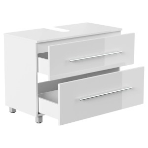 Posseik Waschbeckenunterschrank Mondial, 85 cm, Weiß Hochglanz mit zwei Schubladen.