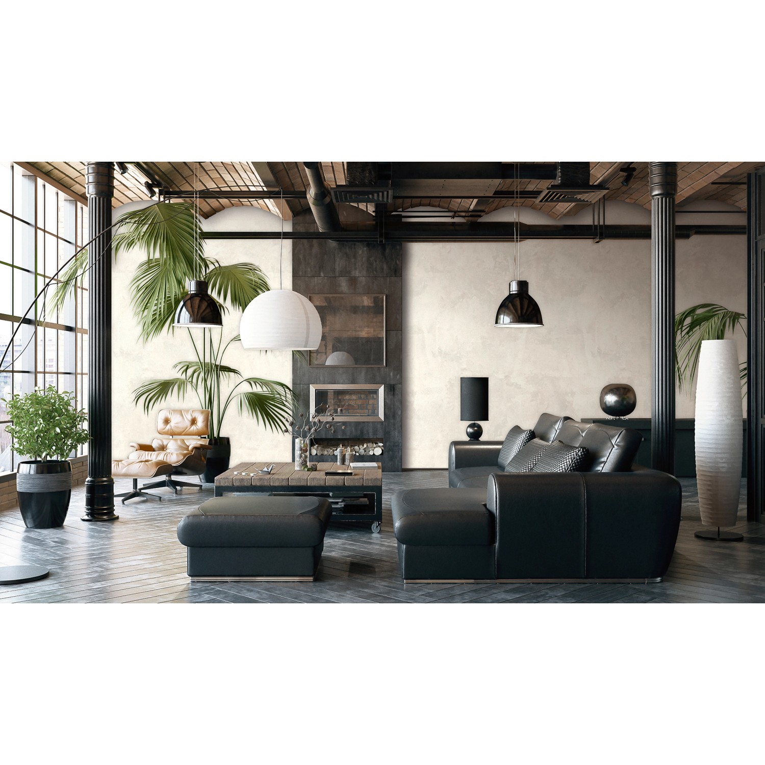 Marburg Fototapete Grafisch Modern in Greige im Wohnzimmer mit Möbeln.