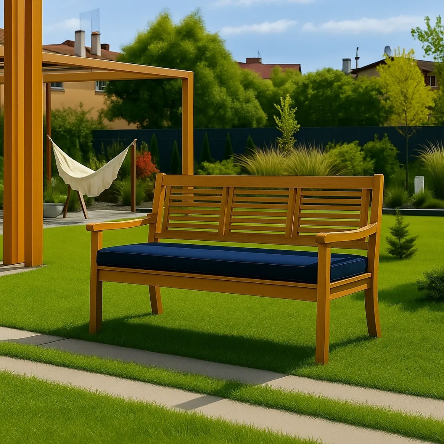 Marineblaues Gartenbank Kissen 110x50cm für 2-Sitzer Bänke. Bequeme Sitzauflage für Gartenmöbel.