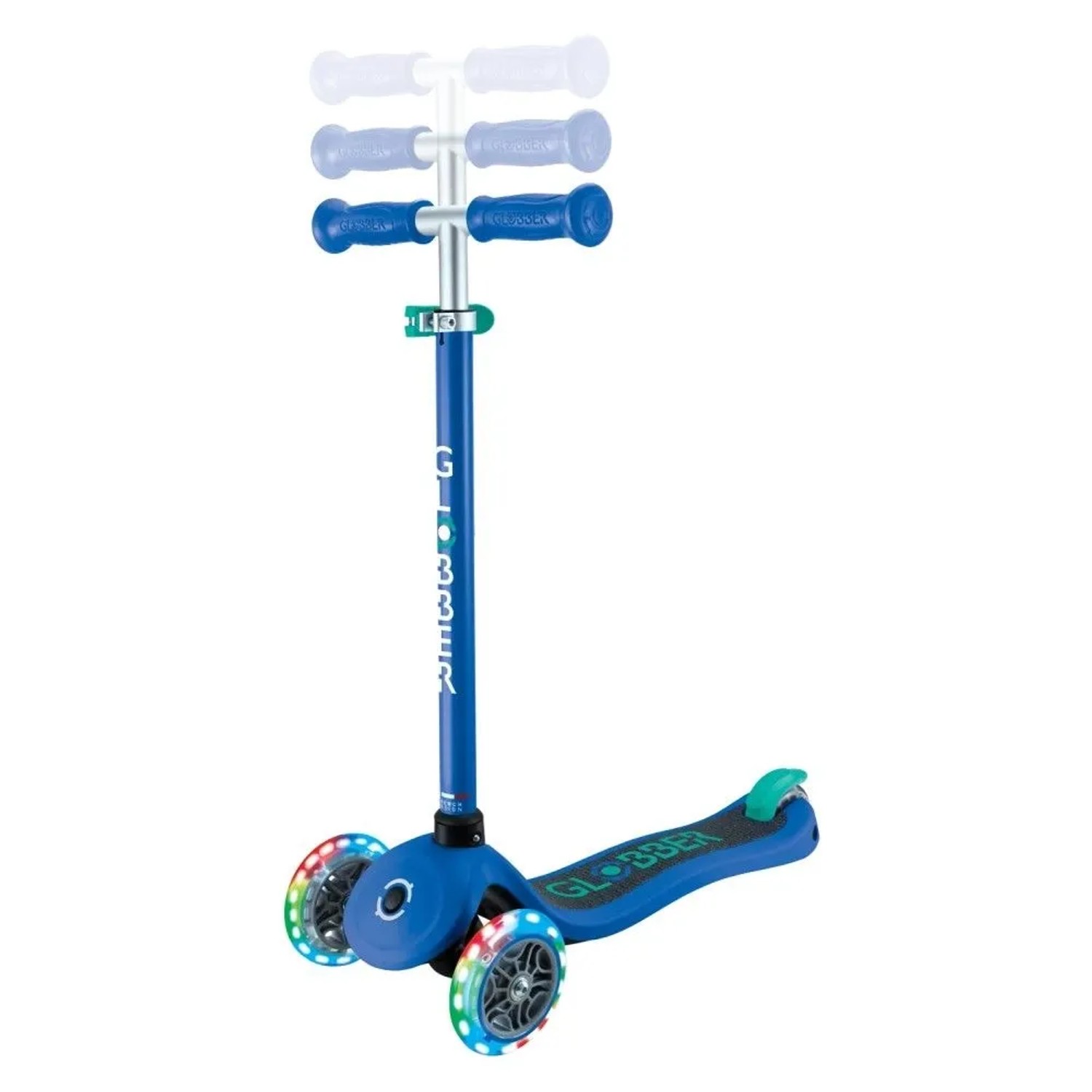 Dunkelblauer Globber Primo Lights Kinder Tretroller mit 3 Rädern, höhenverstellbarer Lenkstange und LED-Leuchtrollen.