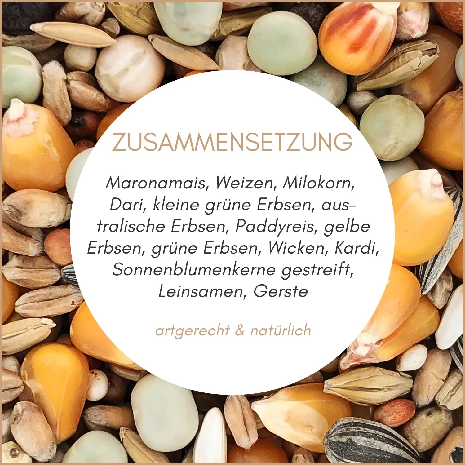 Supravit Reise Taubenfutter: Körnermischung mit Mais, Weizen, Erbsen, Sonnenblumenkernen. Zeigt Zusammensetzung.