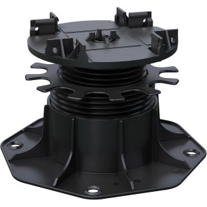 Schwarzes Kovalex Kunststoff Terrassenlager, höhenverstellbar, für Terrassendielen.