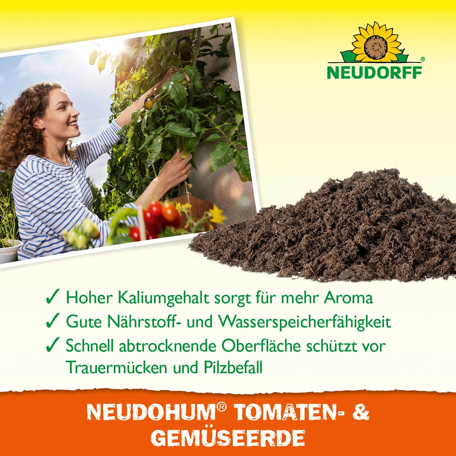 Neudorff Neudohum Tomaten- und Gemüseerde (20 l) mit Frau bei der Tomatenernte und Erdhaufen.