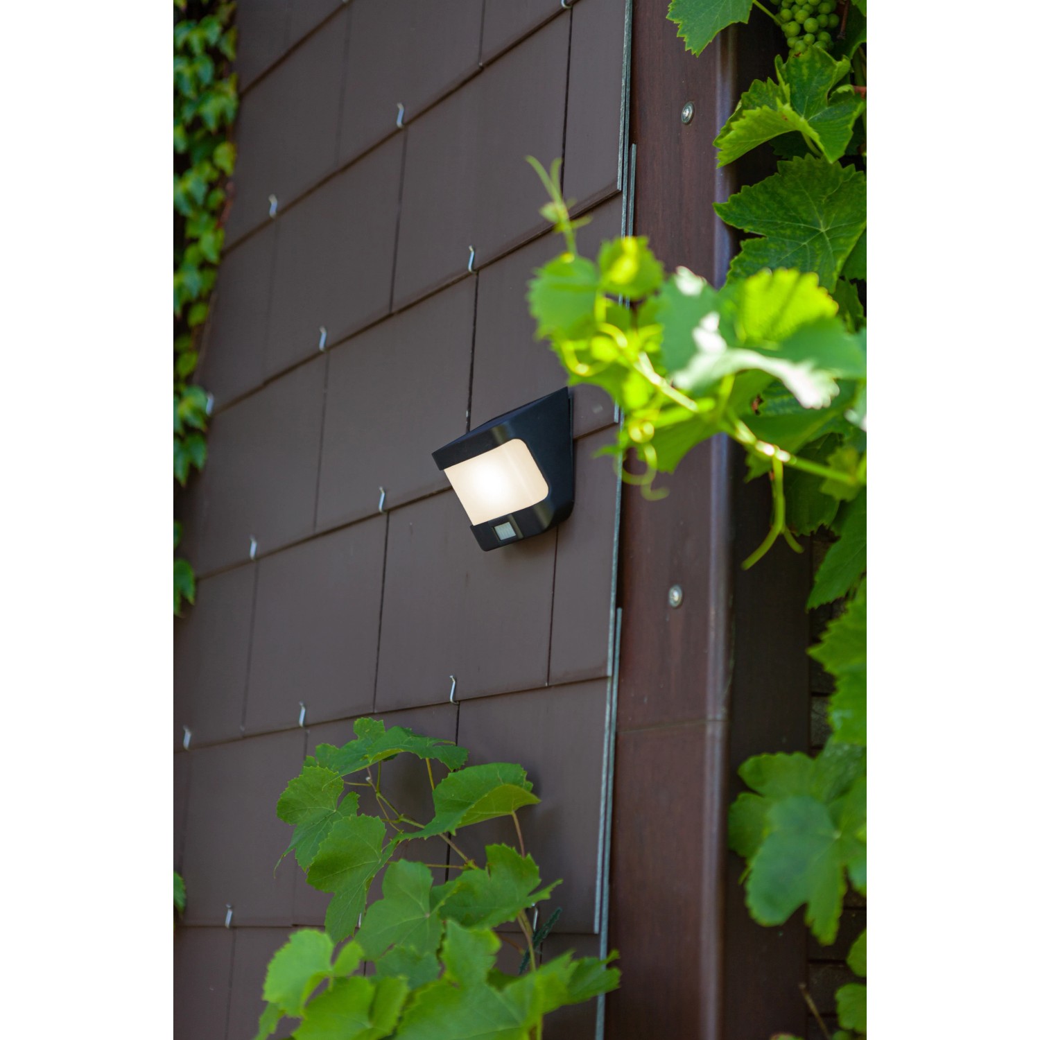 Moderne, schwarze Lutec LED Solar-Wandleuchte mit Bewegungsmelder an einer Hauswand.