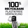 Motiv: Energizer Batterie mit Gesicht und Armen vor Gras, Text "100% recycelbare, plastikfreie Verpackung".