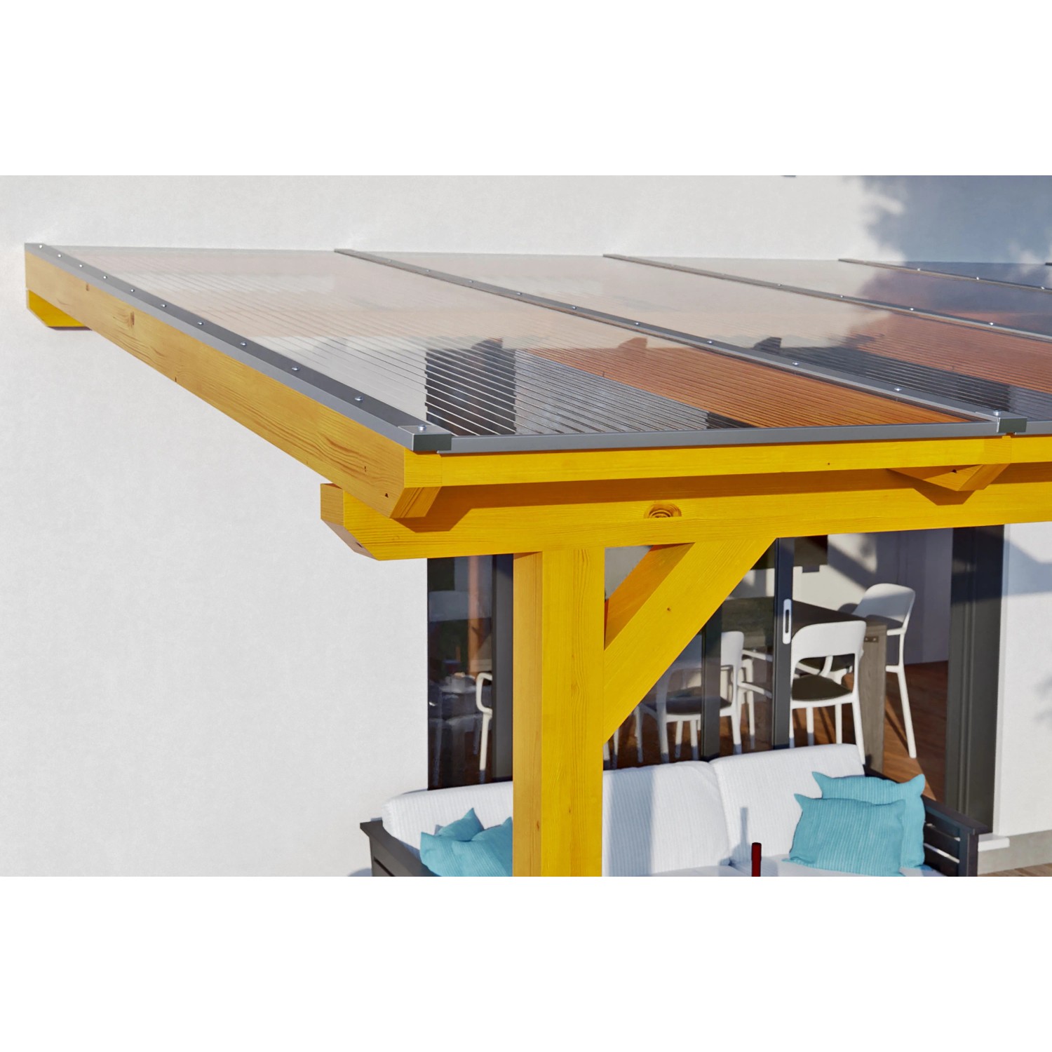 Skan Holz Terrassenüberdachung Andria aus hellem Leimholz Eiche mit transparenten Polycarbonatplatten.
