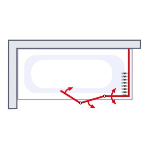 Skizze der Schulte Badewannenfaltwand mit Seitenwand, die die Drehfunktion der Elemente zeigt.