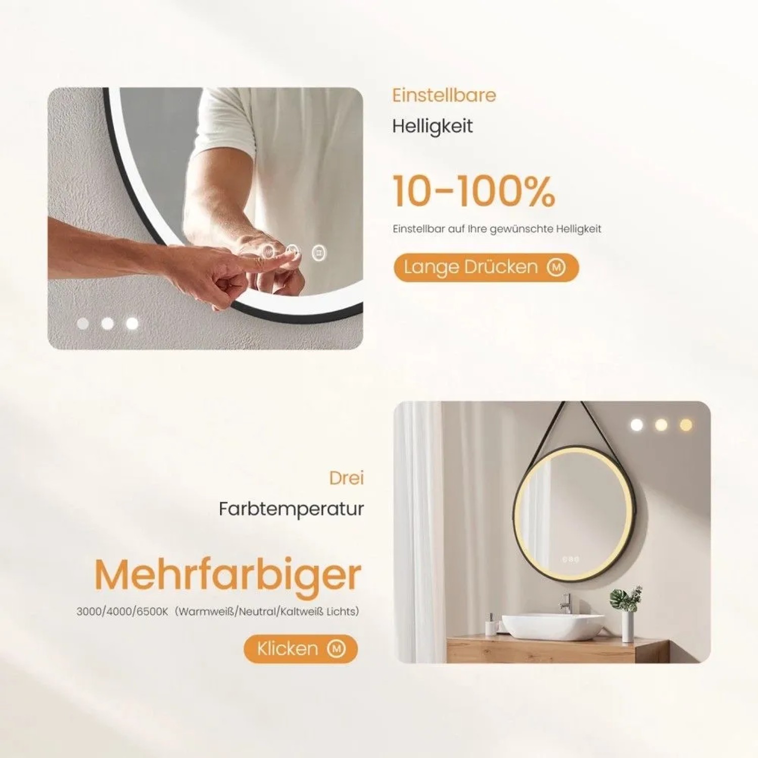 Runder Emke Badspiegel mit LED-Beleuchtung, dimmbar und 3 Farbtemperaturen per Touch-Steuerung. Modernes Design.