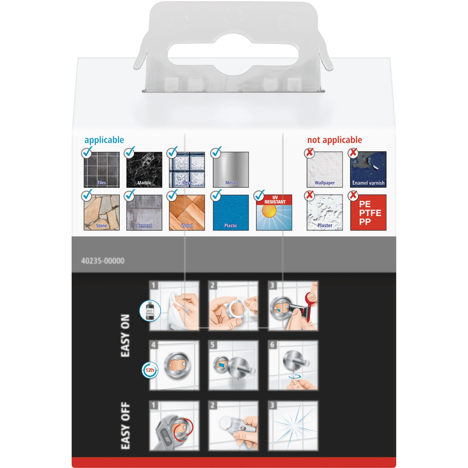 Verpackung Tesa Ekkro Handtuchhaken verchromt: Montageanleitung und Anwendungsbereiche.