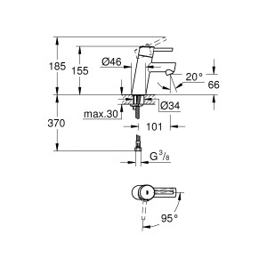 Technische Zeichnung der Grohe Concetto S-Size Waschtischarmatur mit Maßangaben.