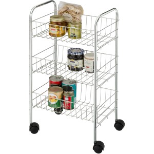 Wenko Rollwagen Florenz Silber mit 3 Ablagen, gefüllt mit Vorräten. Bad-Standregal mit Rollen.