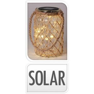 Solarlampe aus Glas mit Jute-Seil und 10 LEDs, Ø 11 cm.