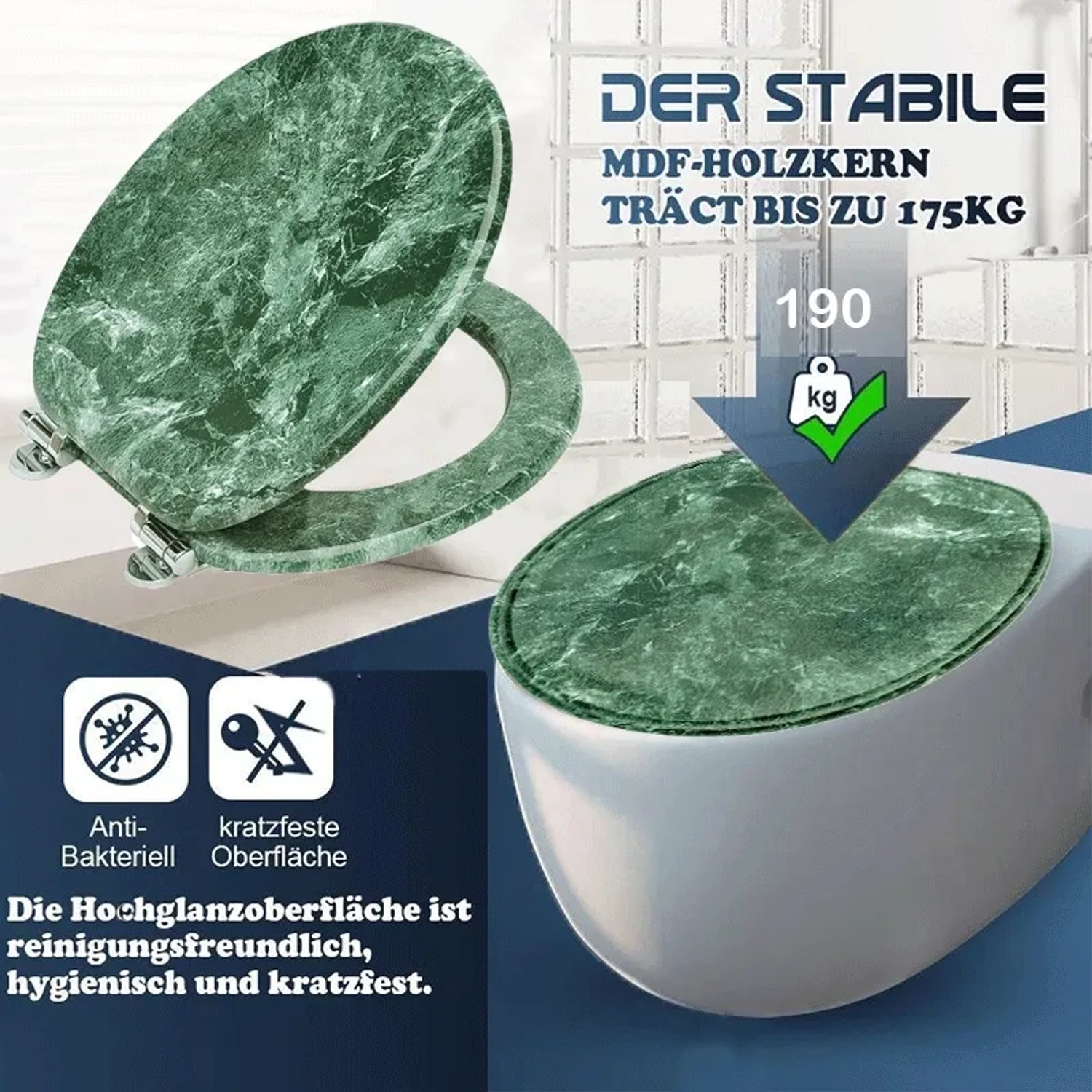 Ovaler WC-Sitz Sinobath in Grün-Marmoroptik mit Absenkautomatik, aus robustem MDF-Holzkern, belastbar bis 190 kg.