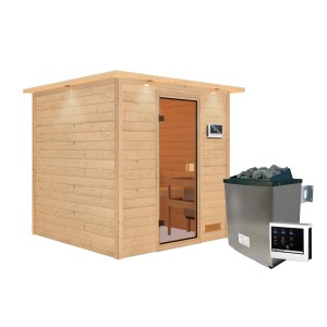 Karibu Sauna Jara Set: Massivholzsauna mit Ofen, externer Steuerung und bronzierter Glastür.