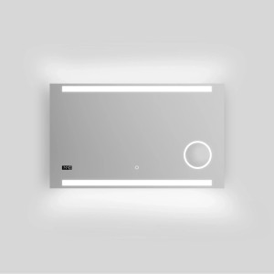 Rechteckiger DSK Design LED-Lichtspiegel Silver Conde 100x60 cm mit Digitaluhr, beleuchtetem Kosmetikspiegel und Touchsensor.