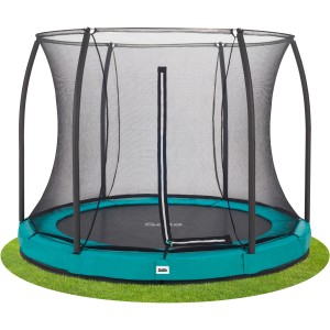 Grünes Salta Comfort Edition Bodentrampolin ø 251 cm mit Sicherheitsnetz im Garten.