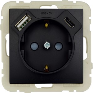 Schwarze Steckdose Logus mit USB-A- und USB-C-Anschluss.