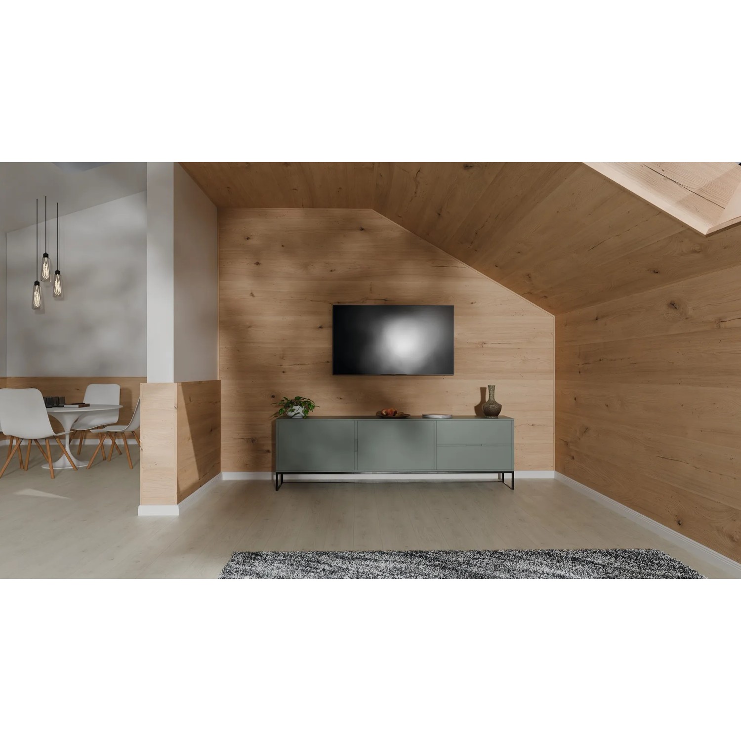Wohnraum mit Egger Decowall Faltleiste FL009 Esbjerg in Hellbraun als Wandverkleidung.