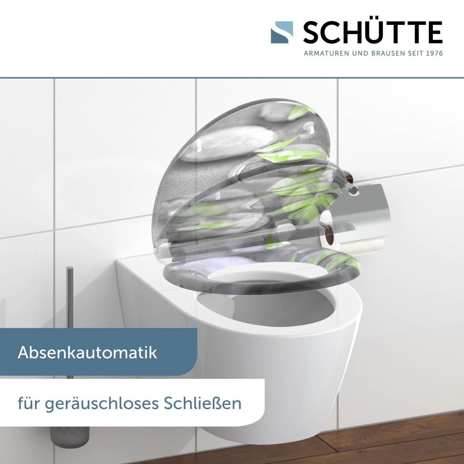 Schütte WC-Sitz Stone mit Absenkautomatik und Schnellverschluss auf einem WC.
