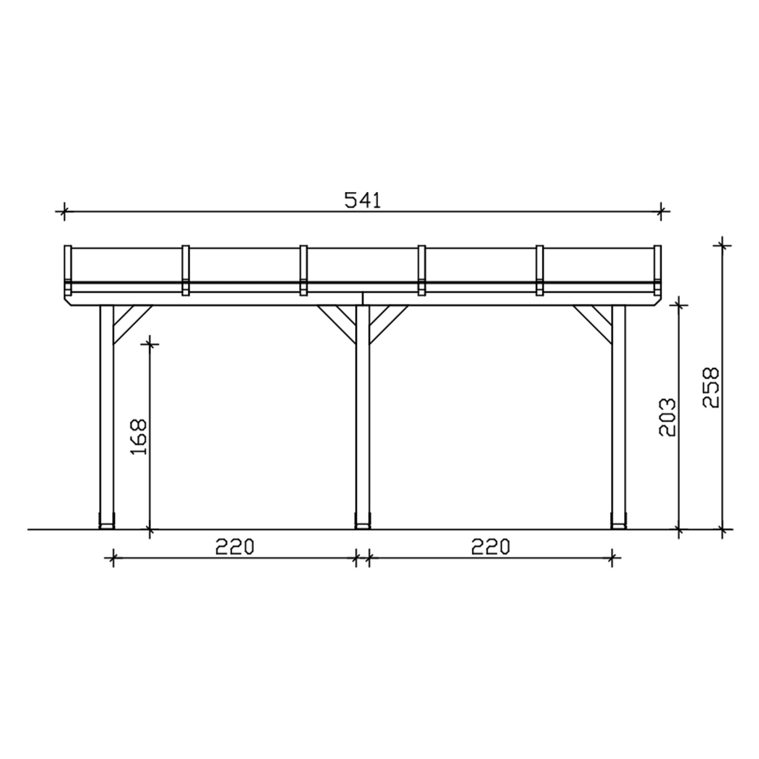 Technische Zeichnung einer Skan Holz Terrassenüberdachung Bormio, 541x250 cm, aus Leimholz.