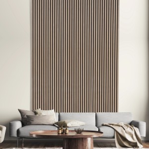 FN Acustico Akustikpaneel Zebrano im Wohnraum, Wandpaneel mit Holzoptik und schwarzem Filz.