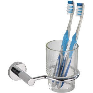 Wenko Zahnputzbecherhalter Elegance Chrom mit Glasbecher und zwei Zahnbürsten.