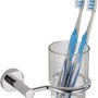 Wenko Zahnputzbecherhalter Elegance Chrom mit Glasbecher und zwei Zahnbürsten.