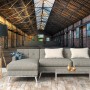 Fototapete Industrial Halle in Grau und Gelb, 3,50x2,55m, mit Industriehallen-Motiv.