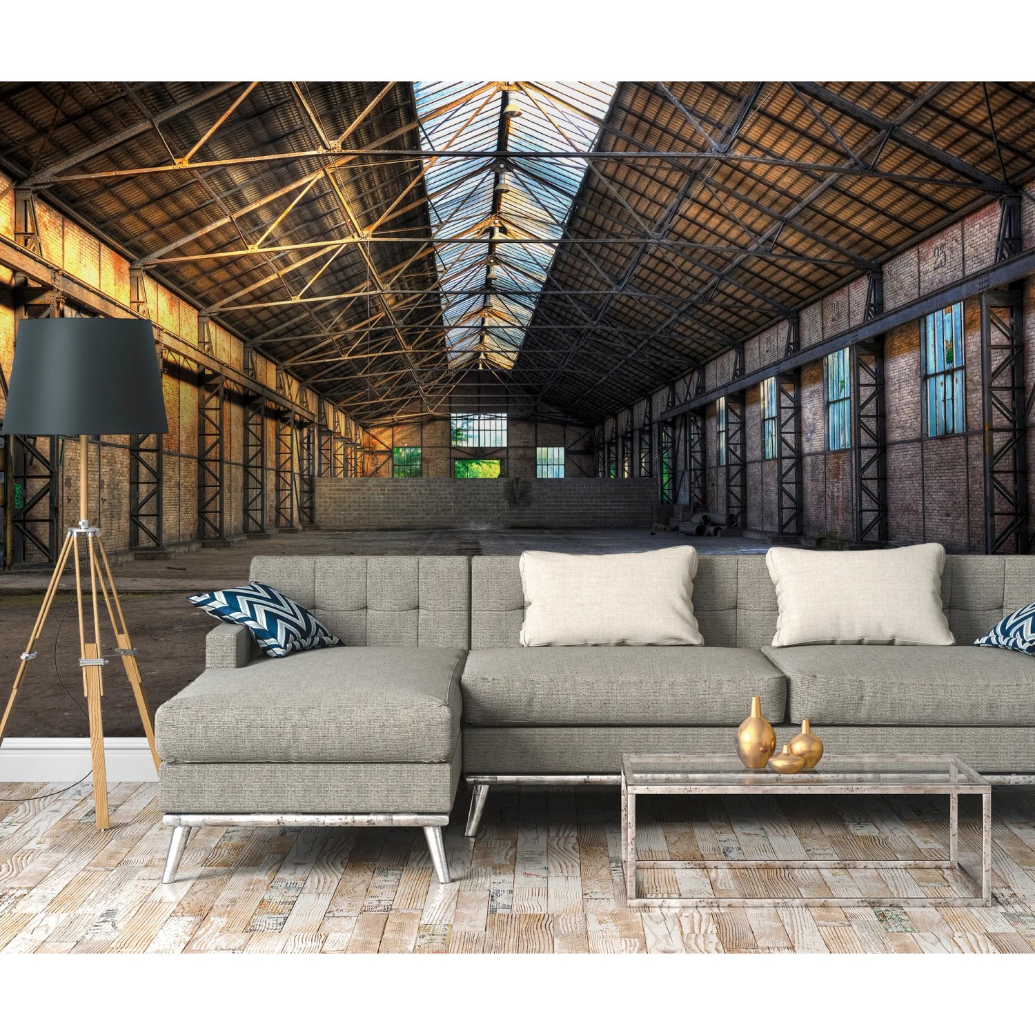 Fototapete Industrial Halle in Grau und Gelb, 3,50x2,55m, mit Industriehallen-Motiv.