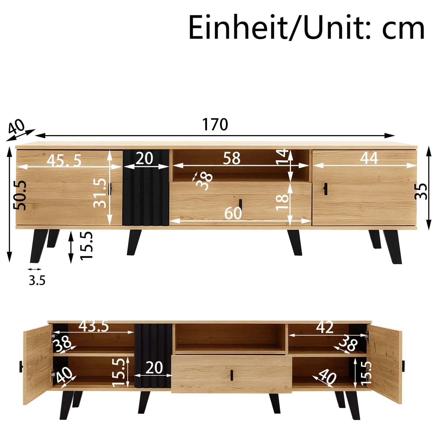 okwish TV Schrank mit Schubladen Stauraum Holzdesign 170x40x50.5cm Natur Schwarz_5